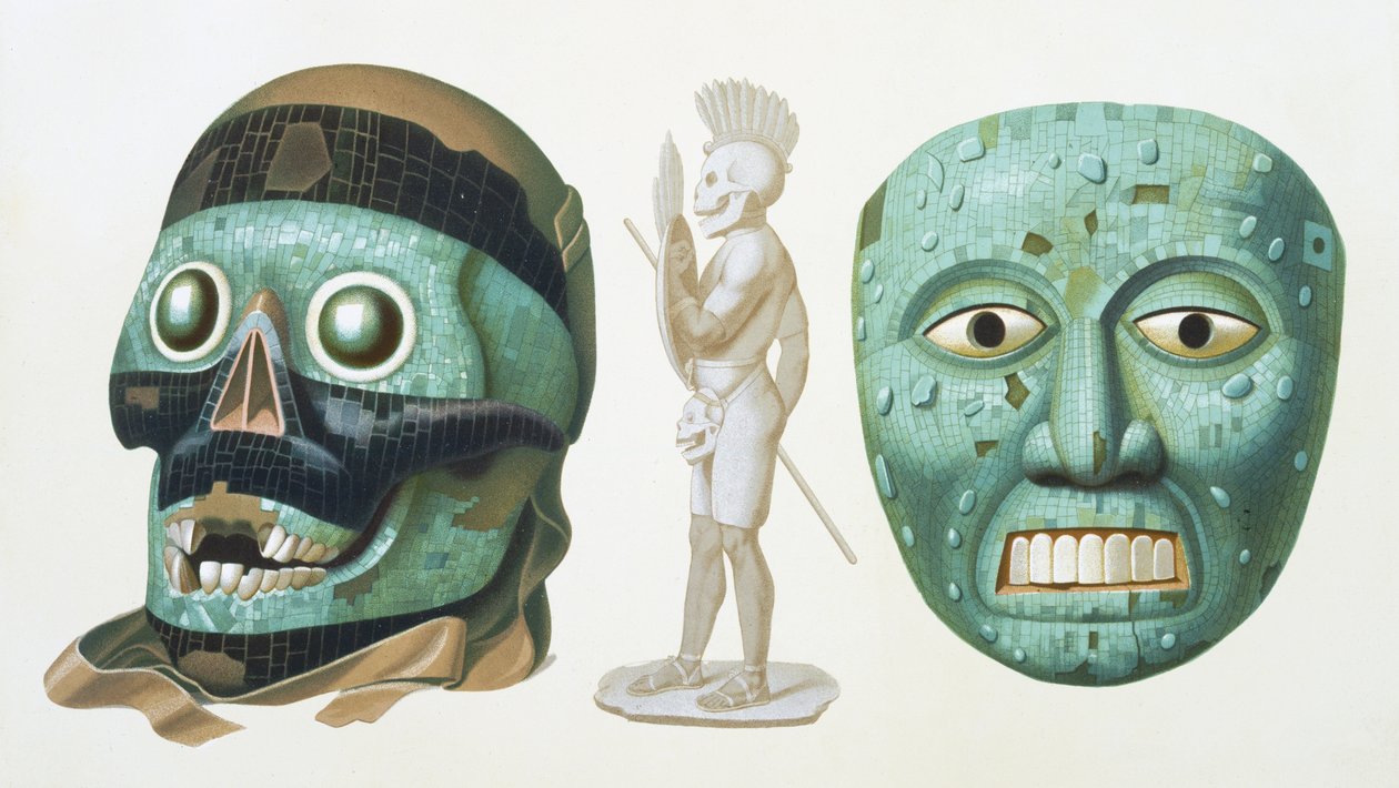 Vlevo: lebková maska boha Tezcatlipoca a vpravo: maska představující boha Quetzalcoatla nebo Tonatiuha, kolem 1500, deska 43 z 