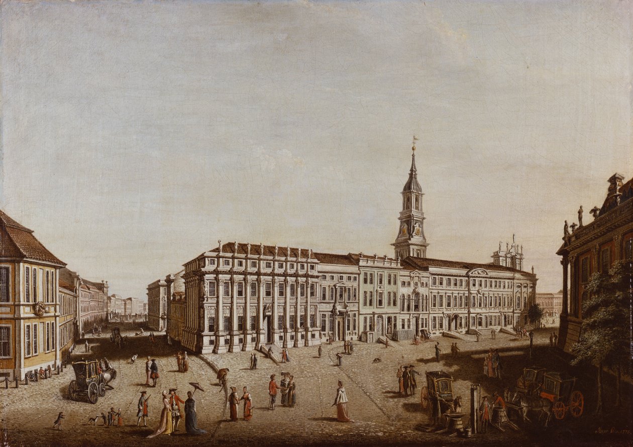 Pohled na Castle Street a Fiaker Square, Postupim, 1773 od Johann Friedrich Meyer