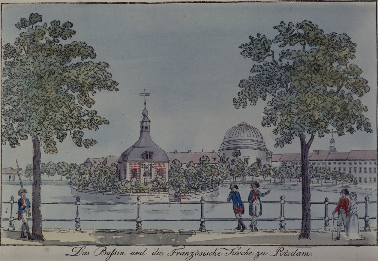 Bazén a francouzský kostel v Postupimi, kolem roku 1796 (pero a inkoust a wc na papíře) od Johann Friedrich Nagel