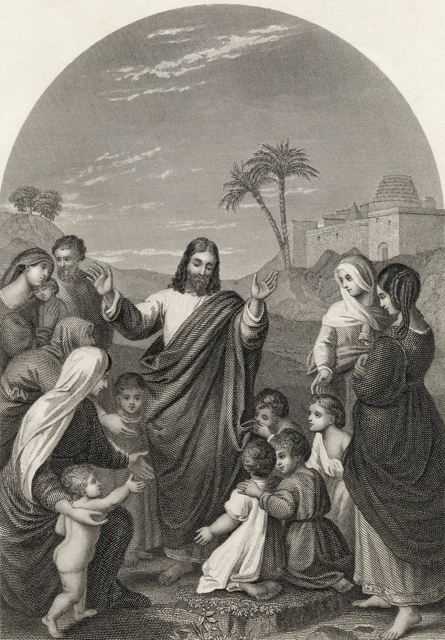 Kristus žehná malým dětem, vyrytý S. Allenem, z „The National Illustrated Family Bible“, vydané kolem roku 1870 od Friedrich Overbeck