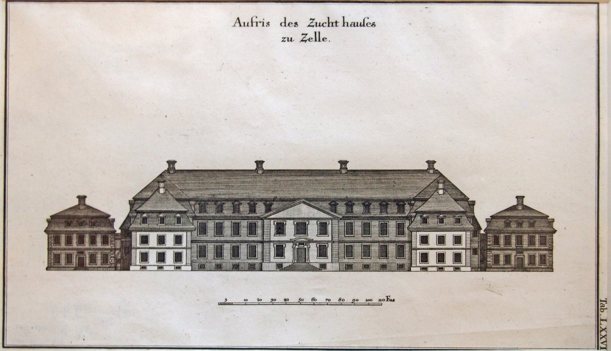 Pohled na branku, dělnický dům a blázinec v Celle od Johann Friedrich Penther
