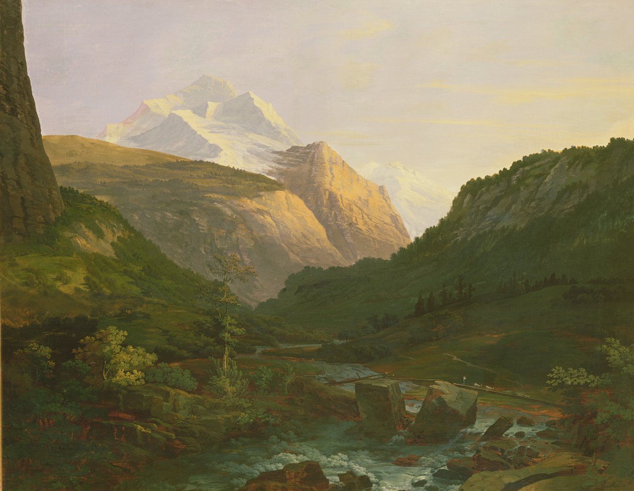 Jungfrau a Eiger (olej a kvaš na papíře položeném na plátně) od Johann Georg Volmar