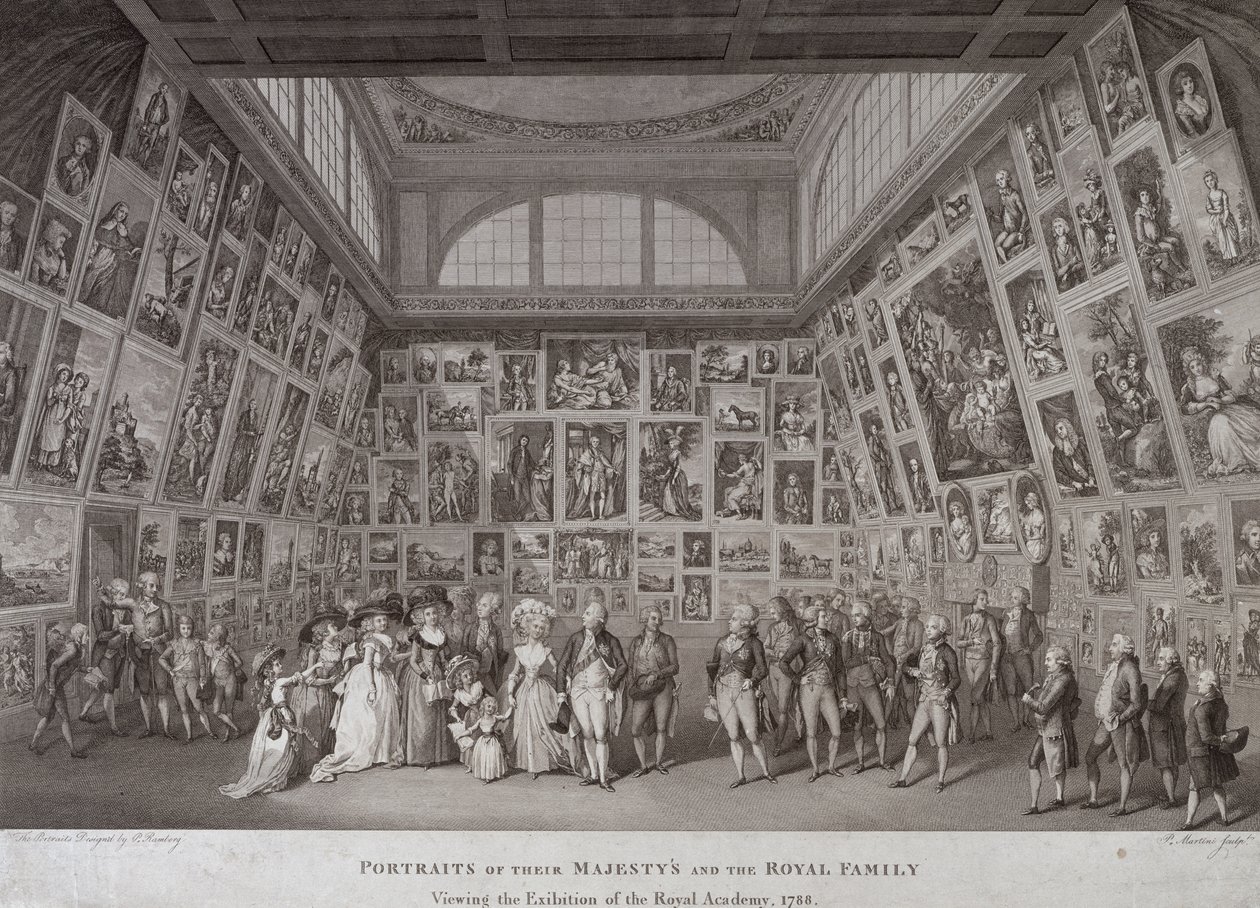 Pohled do interiéru Somerset House, kde si král Jiří III. (1738-1820), královna Charlotta (1744-1818) a královská rodina prohlížejí výstavu Královské akademie umění v roce 1788, 1788 od Johann Heinrich Ramberg