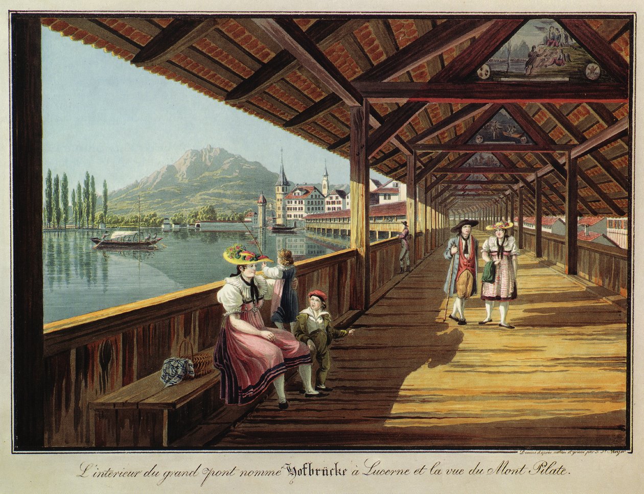Interiér hlavního mostu zvaného Hofbrücke v Luzernu a výhled na horu Pilatus od Johann Jakob Meyer