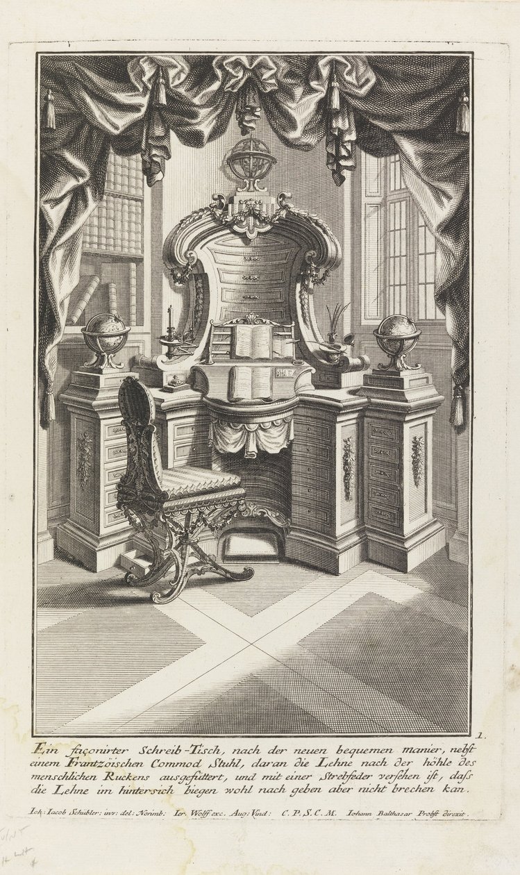 Tvarovaný stůl, ... (Psací stůl a židle) od Johann Jacob Schubler