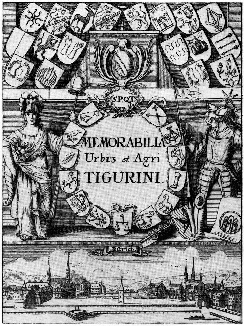 Název měď třetího, rozšířené vydání od Hanse Heinricha Bluntſchlis Memorabilibus Tigurinis, vydané v roce 1742 od Johann Melchior Füßli