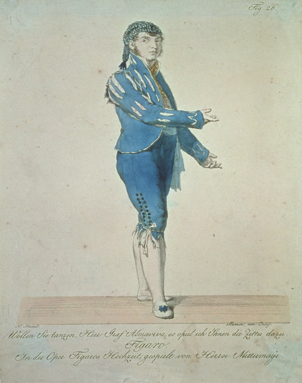 Figaro, komorník hraběte Almavivy, z opery Wolfganga Amadea Mozarta (1756-91) "Figarova svatba", obr. 26, koloroval von Oclef od Johann Nepomuk Muxel