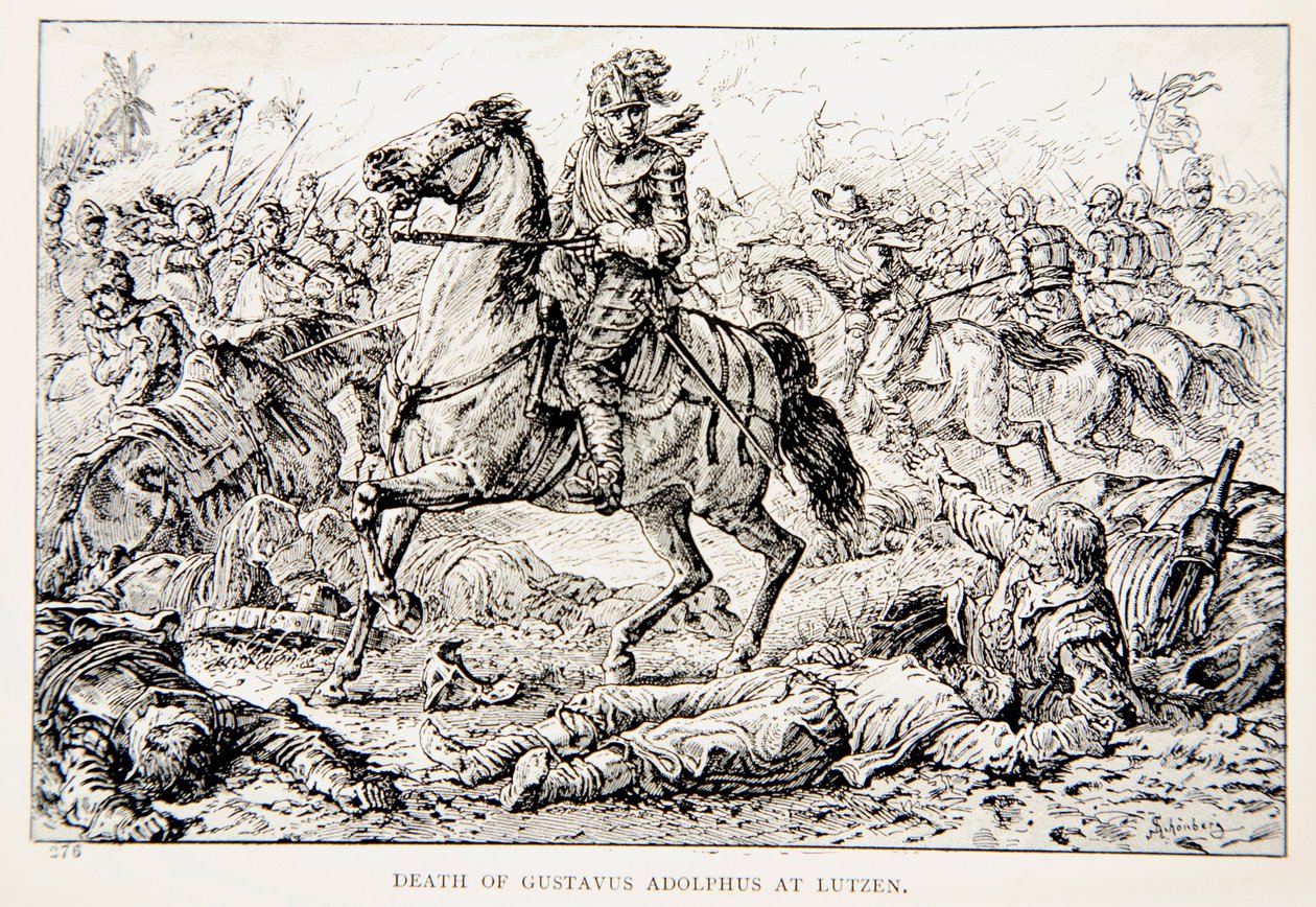 The Death of Gustavus Adolphus at Lutzen, ilustrace z „The Lion of the North: A Tale of Times of Gustavus Adolphus and the Wars of Religion“ od G.A. Henty, hospoda. Londýn od Johann Nepomuk Schonberg