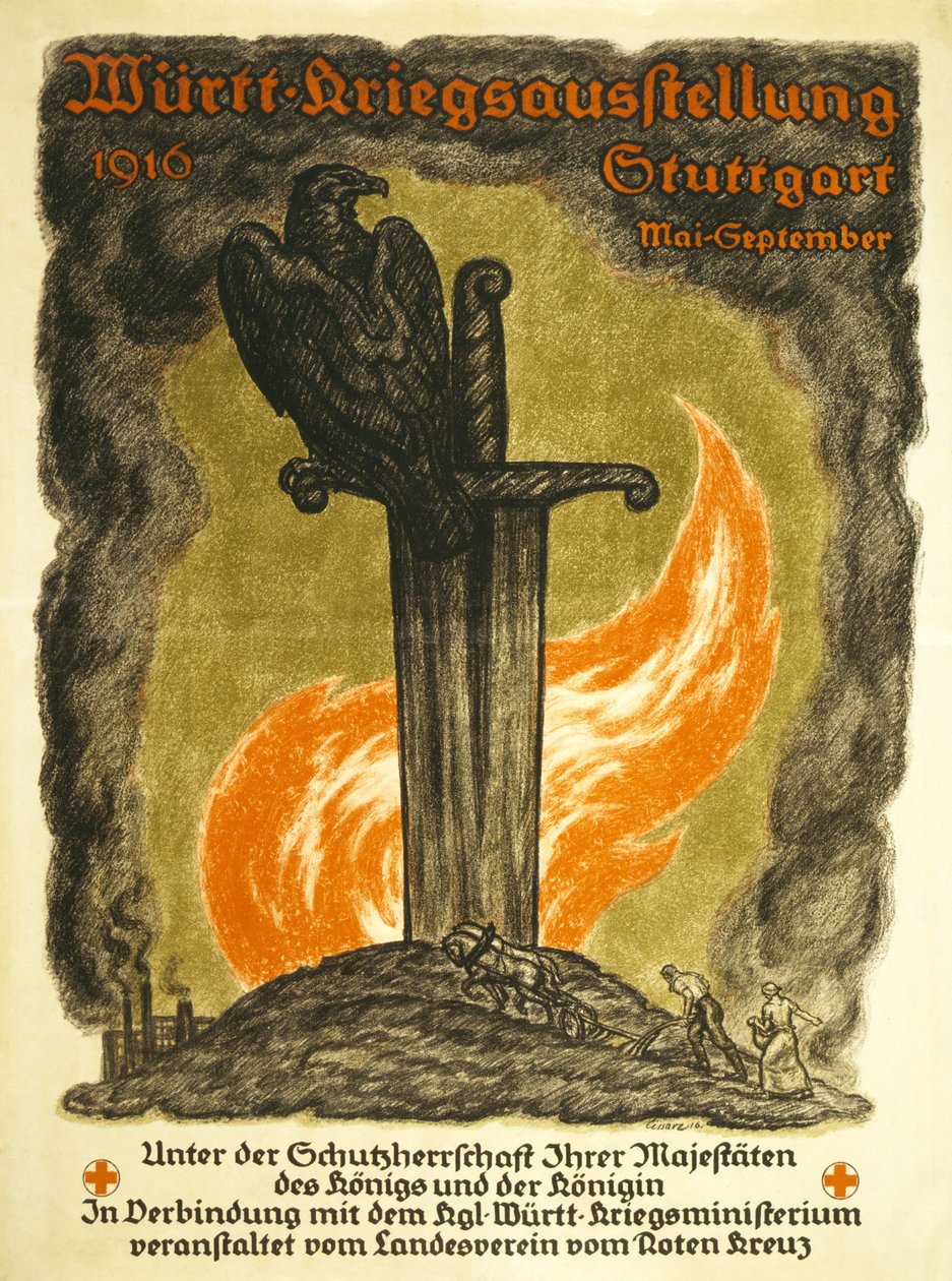Plakát propagující válečnou výstavu sponzorovanou Červeným křížem Württ. Válečná výstava, 1916 Stuttgart květen-září, kolem roku 1916 od Johann Vincenz Cissarz