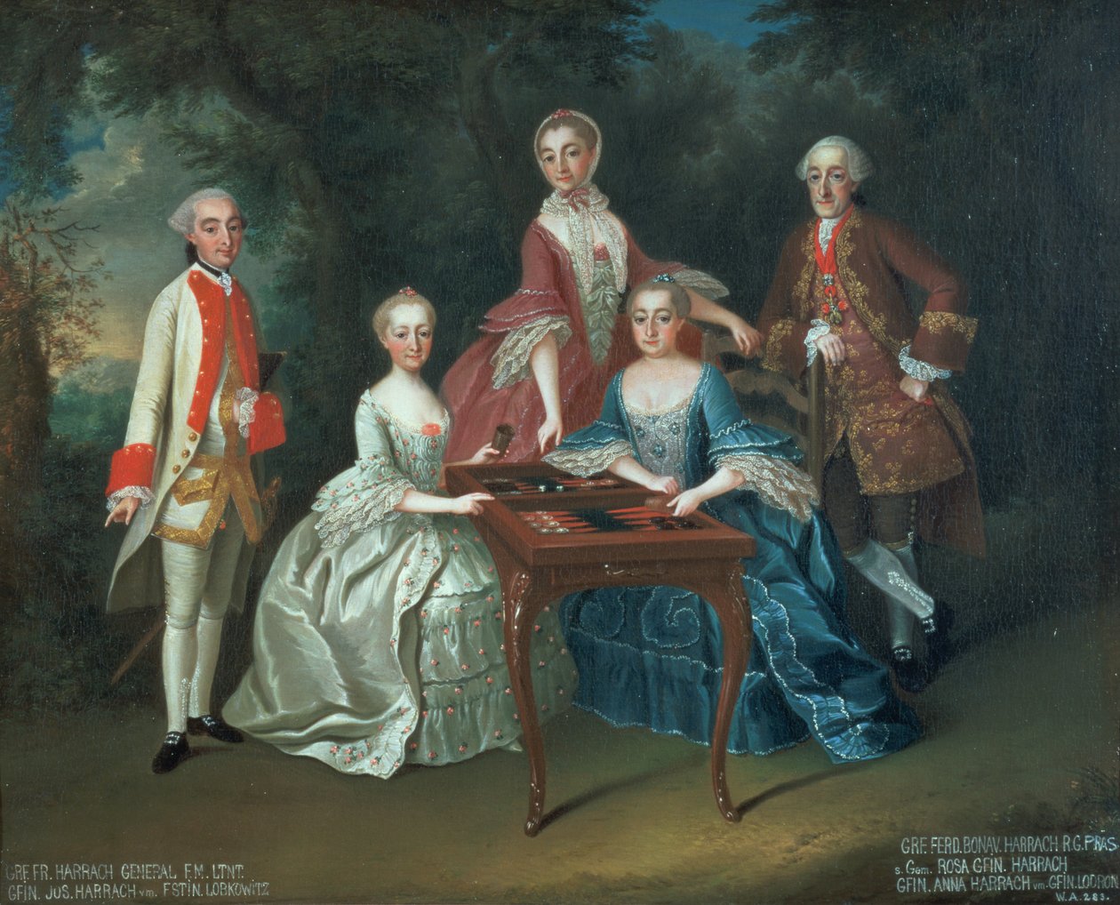 Skupinový portrét rodiny Harrachů hrajících vrhcáby včetně generála hraběte Ferdinanda Harracha, hraběte Ferdinanda Bonaventury Harracha s Rosou, Annou a Josephine od Johann Wilhelm Hoffnas or Hofnaas