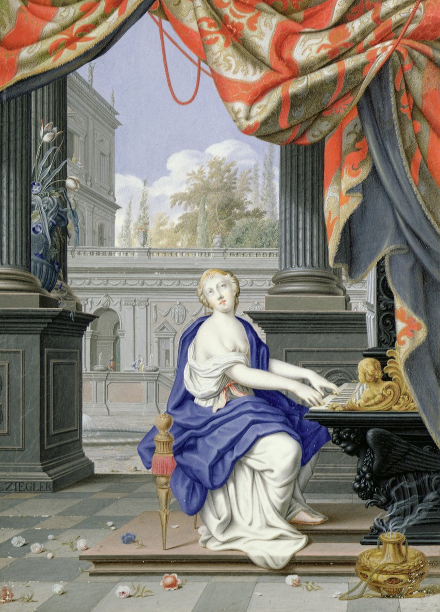 Svatá Cecílie sedící a hraje na varhany (wc a kvaš na papíře) od Johann Ziegler