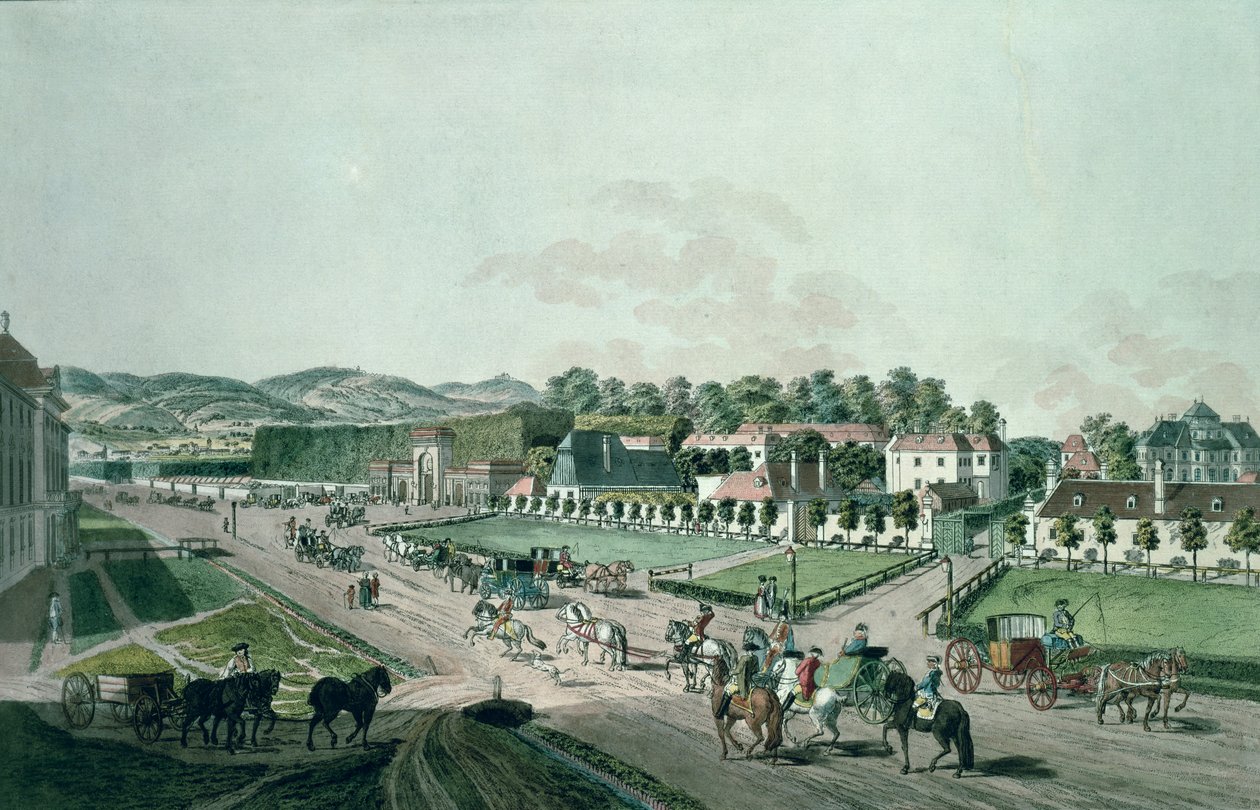 Pohled na palác a park Augarten, Vídeň (ručně kolorovaná rytina) od Johann Ziegler