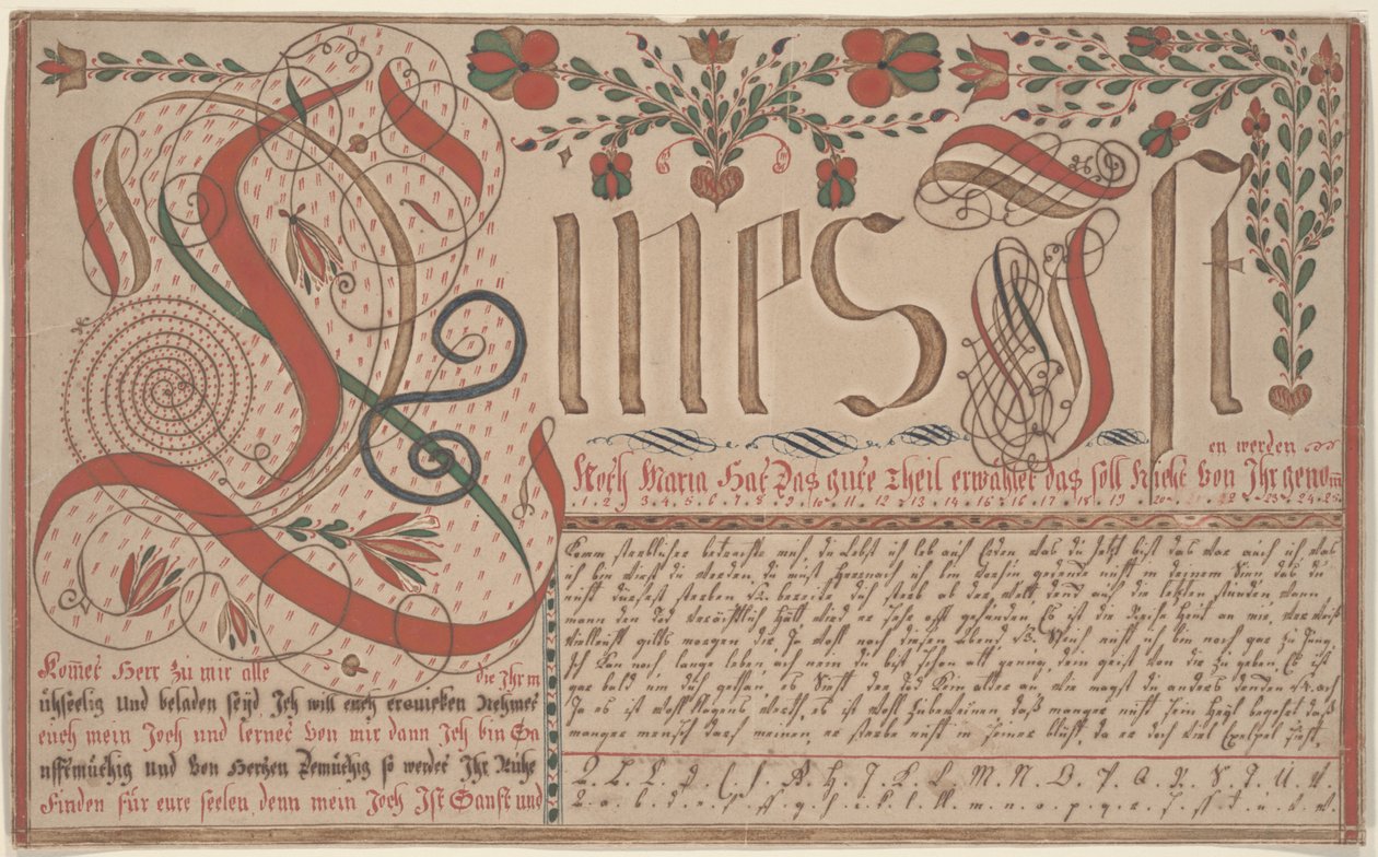 Psací cvičení Vorschrift pro Esther Hadmänn, Fraktur Malířské pero a inkoust s wc na papíře od Johann Adam Eyer