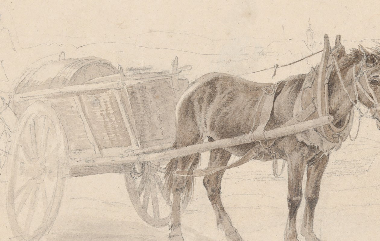 Vozík tažený hnědým koněm u sloupu lampy, Verso: Skupina jízdních důstojníků, ca. 1815. od Johann Adam Klein