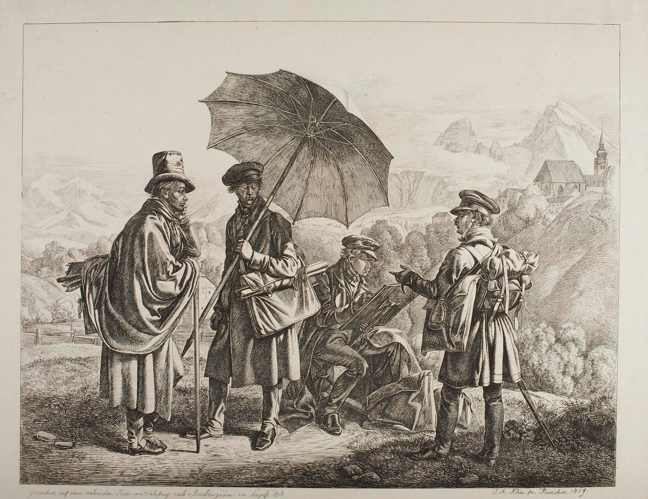 Ernst Welker, Johann Christoph Erhard a bratři Heinrich a Friedrich Philipp Reinhold na malebné cestě ze Salcburku do Berchtesgadenu v srpnu 1818 od Johann Adam Klein