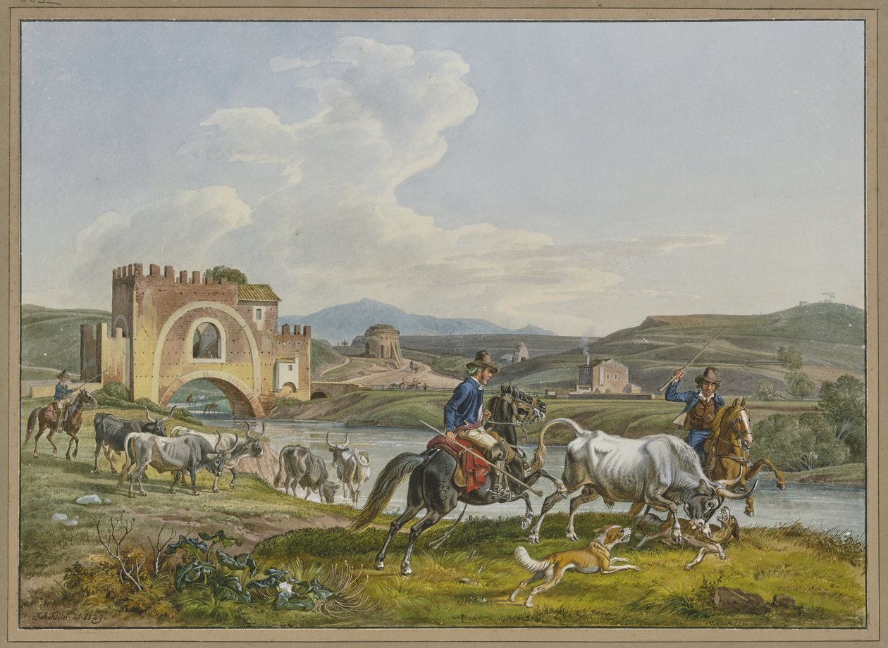 Římští Campagnoli na koních s pomocí psů chytají býka od Johann Adam Klein
