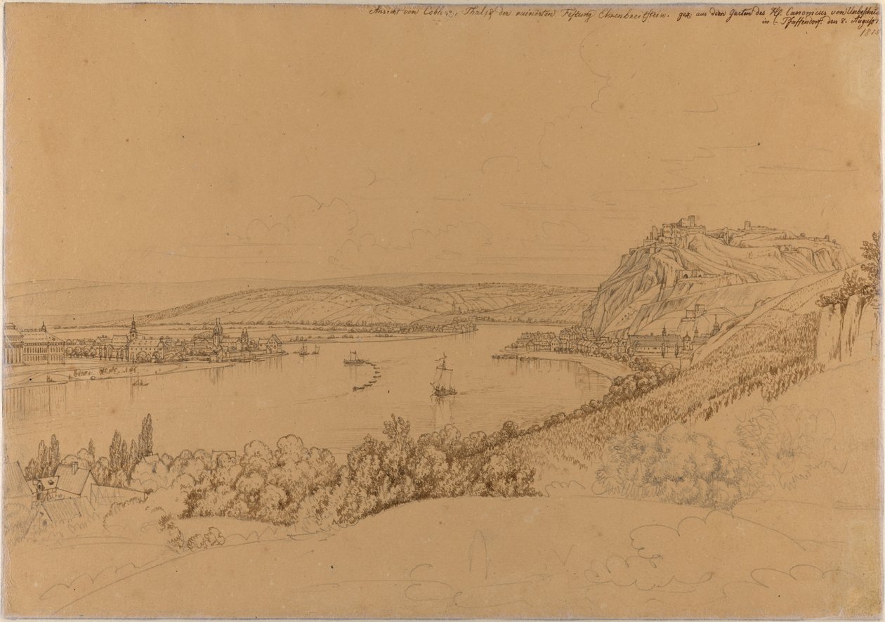 Pohled na Koblenc s Rýnem a pevností Ehrenbreitstein (recto); pohled na hrad Heidelberg (verso) od Johann Adam Klein