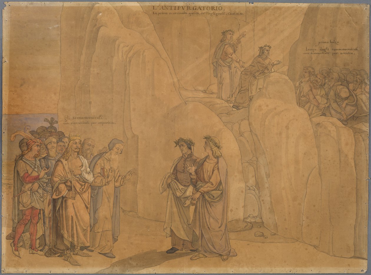 Dante trifft Manfred, den ehemaligen König von Apulien und Sizilien, an einer Felswand, der sich ihm zu erkennen gibt und Verschiedenes mitteilt; oben auf dem Felsen sehen sie die kirchlich Verbannten Buße tun od Johann Anton Ramboux