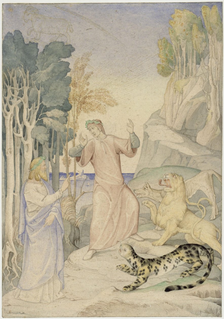 Dante a Vergilius před třemi divokými šelmami u vstupu do pekla od Johann Anton Ramboux