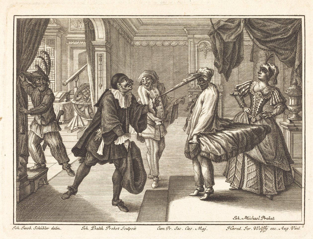 Harlekýn v Domě Dr. Polovarda od Johann Balthasar Probst after Johann Jacob Schübler