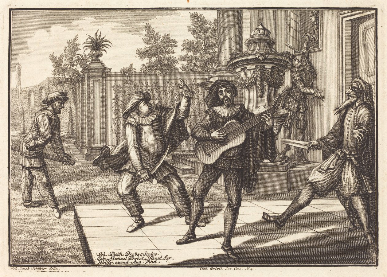 Scaramouche rozptyluje Pantalon od Johann Balthasar Probst after Johann Jacob Schübler