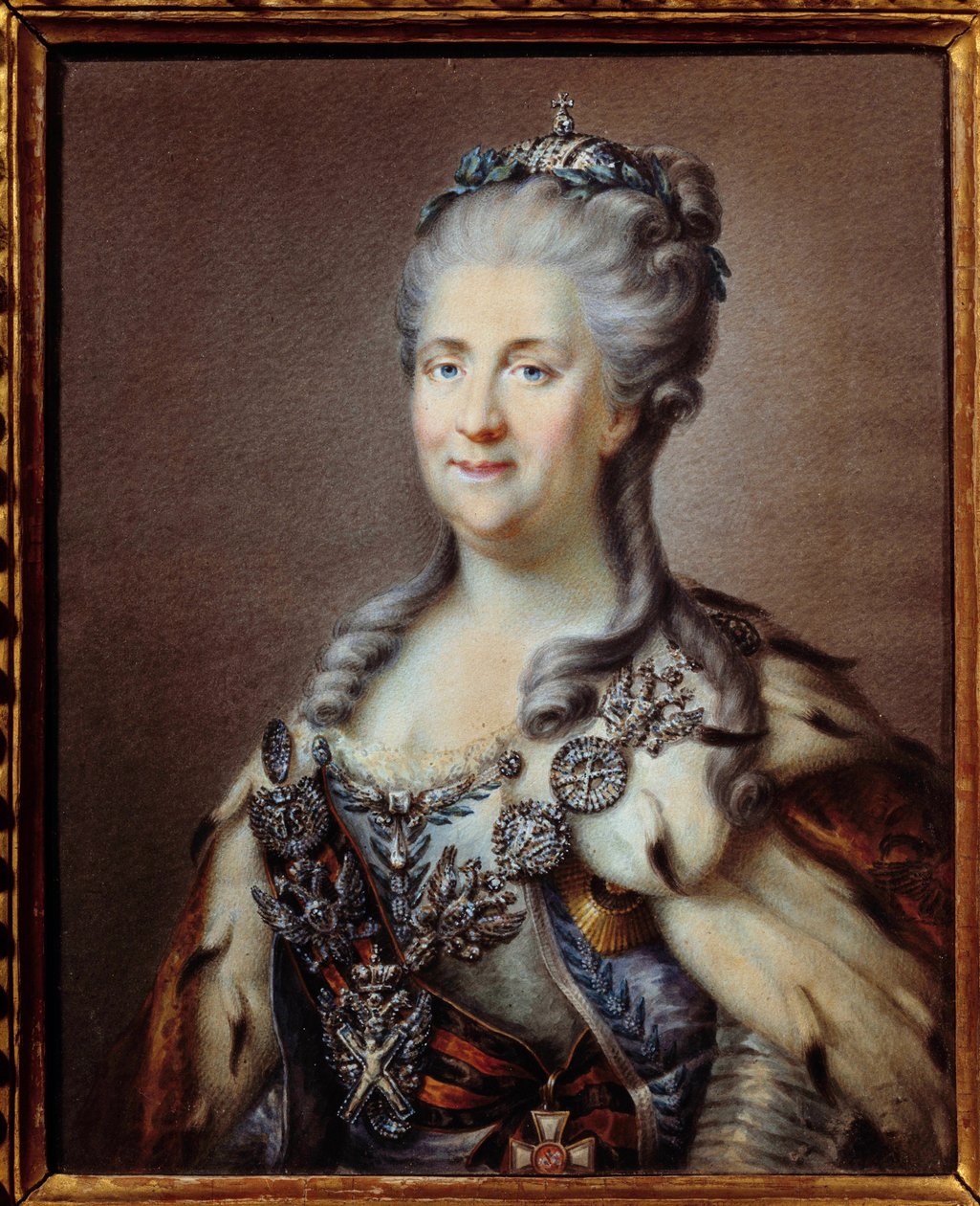 Portrét Kateřiny II. (1729-1796) imperatrice Ruska s náhrdelníkem svatého André a šňůrou kříže svatého Jiří Anonymní akvarel z 18. století, podle obrazu Johanna Baptista von Lampi (1751-1830) Paříž, muzeum od Johann Baptist I (after) Lampi