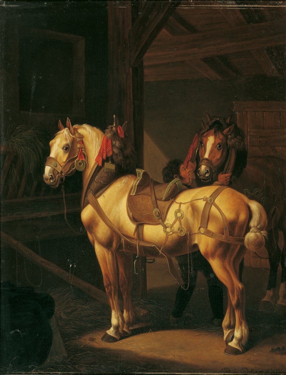 Dva tažní koně ve stáji od Johann Baptist Michael Dallinger von Dalling