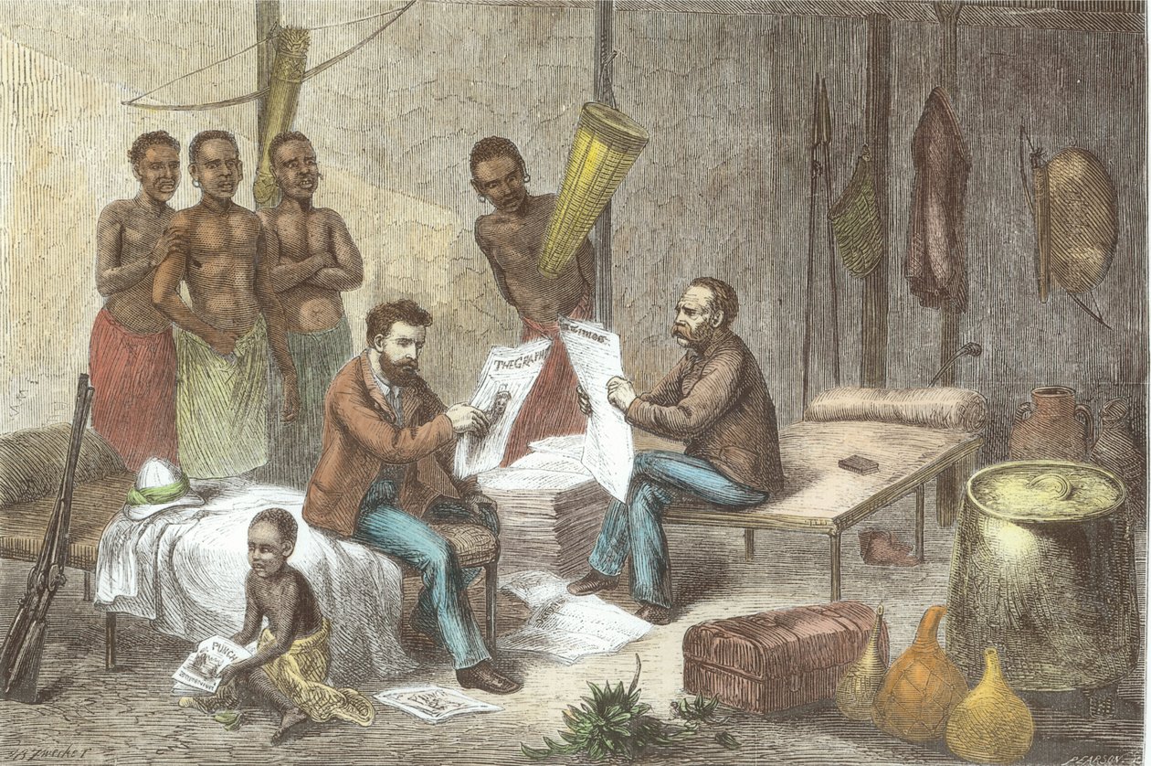 Dr. David Livingstone (1813-73) a pan Henry Morton Stanley (1841-1904) přebírající noviny ve střední Africe, vyryto Pearsonem (později kolorování) od Johann Baptist Zweecker