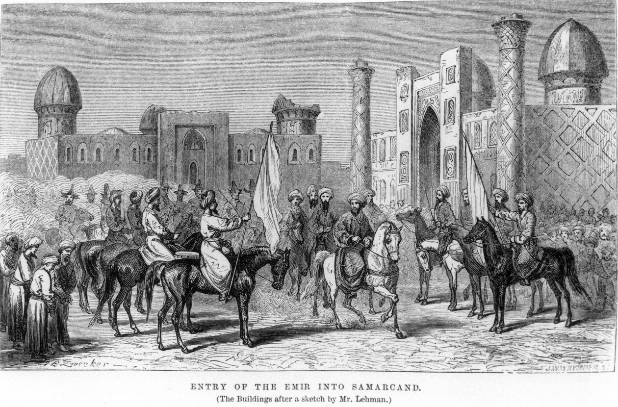 Vstup Emíra do Samarkandu, z „Cesty ve Střední Asii...v...1863“ od Arminia Vamberyho, vyryl J.W.W. Hymper, publikoval 1864 od Johann Baptist Zweecker