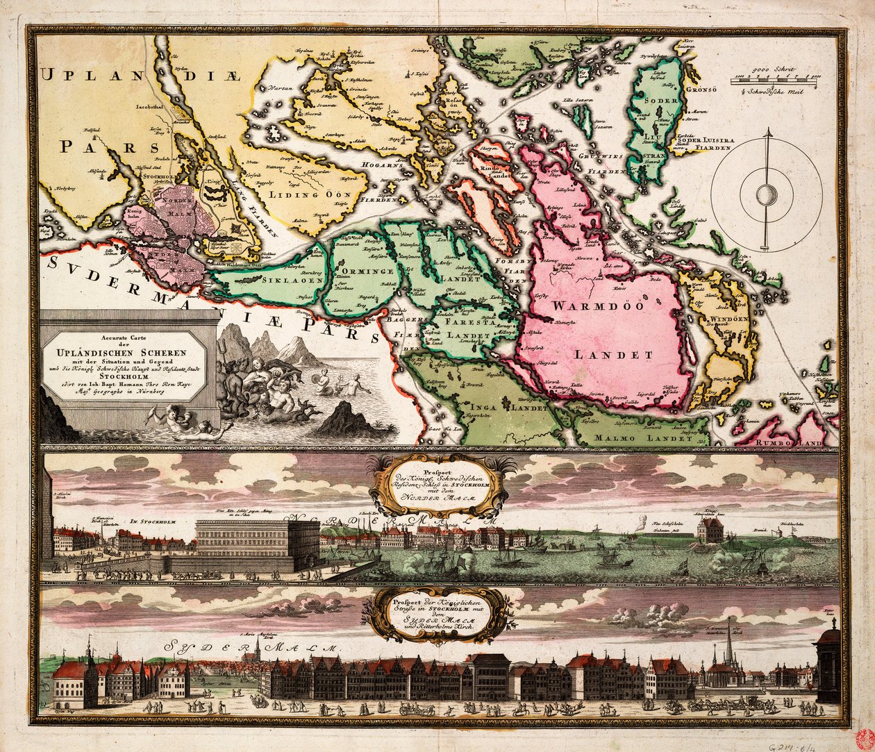 Přesná mapa švédského hlavního města a rezidenčního města Stockholmu s vyznačením polohy a oblasti, cca 1740 (kolorovaná rytina) od Johann Baptista Homann