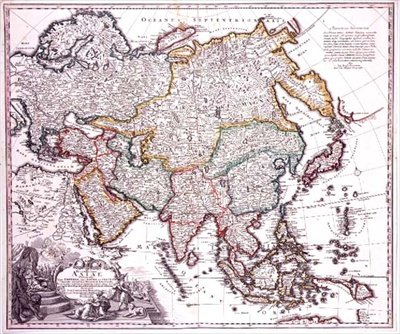 Malá Asie, Arábie a Japonsko, kolem roku 1725 (barevná rytina) od Johann Baptista Homann