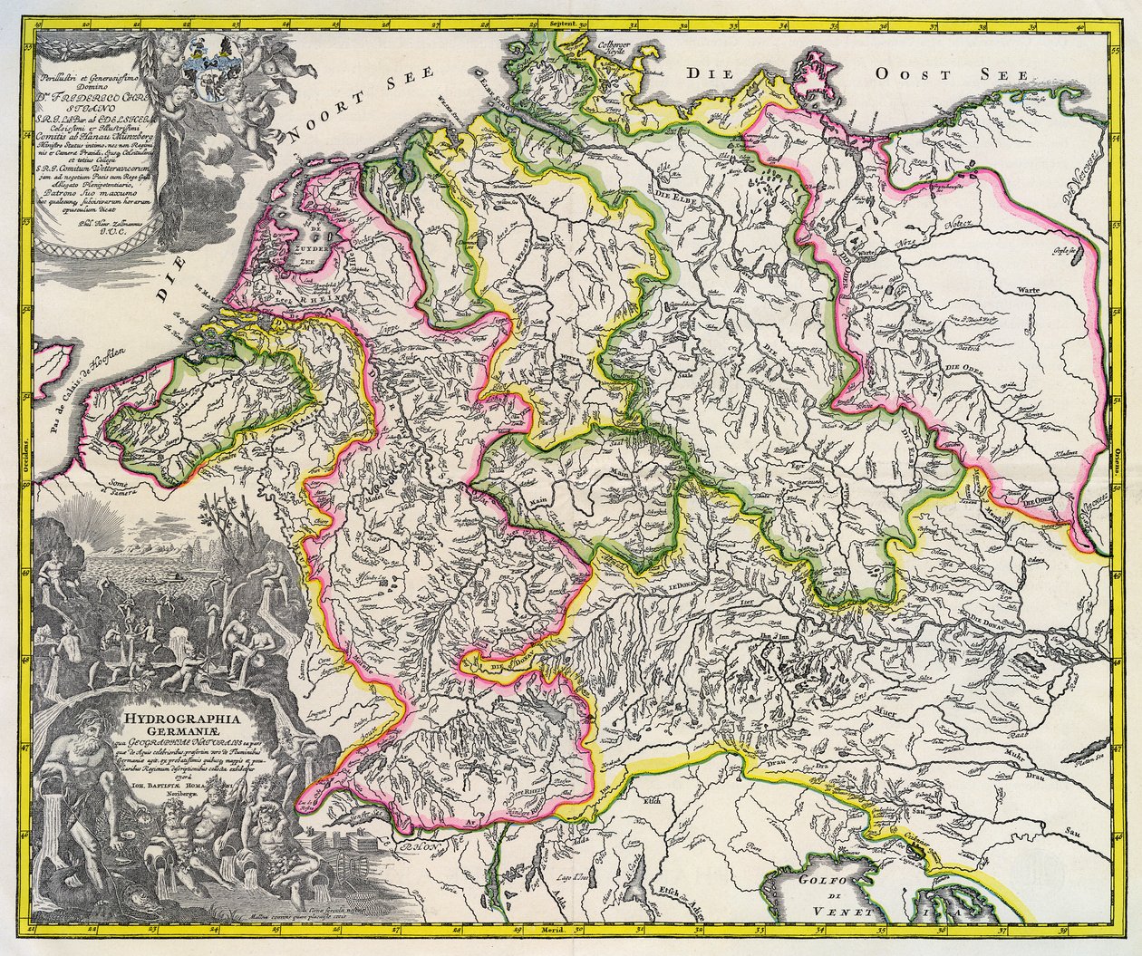 Hydrografická mapa Německa, cca 1720 (rytina) od Johann Baptista Homann