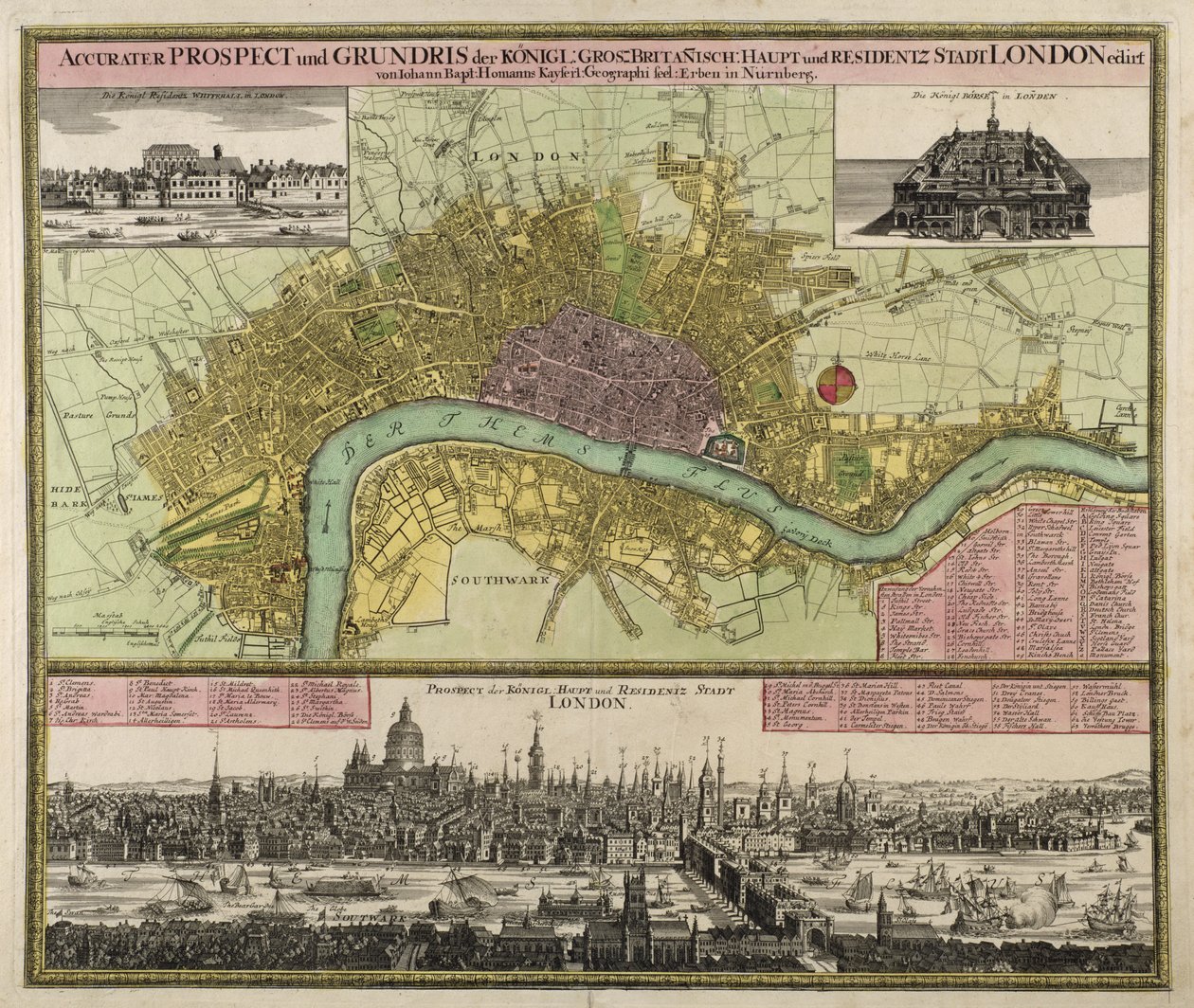 Map and Prospect of London, c.1710 (ručně kolorovaná rytina) od Johann Baptista Homann