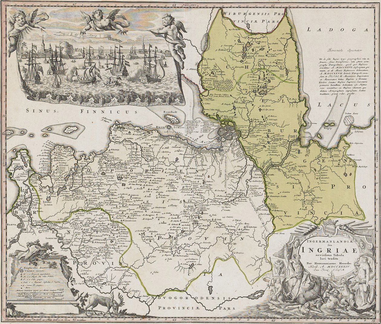 Mapa Ingrie s výhledem na Petrohrad od Johann Baptista Homann