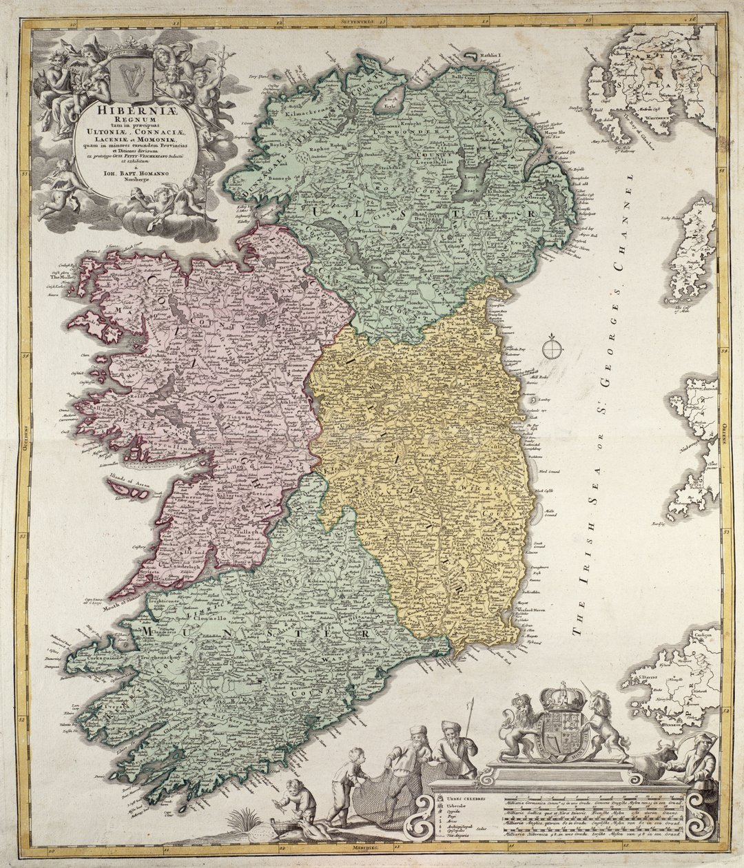 Mapa Irska zobrazující provincie Ulster, Munster, Connaught a Leinster od Johanna B. Homanna, kolem roku 1730 (ručně kolorovaná rytina) od Johann Baptista Homann
