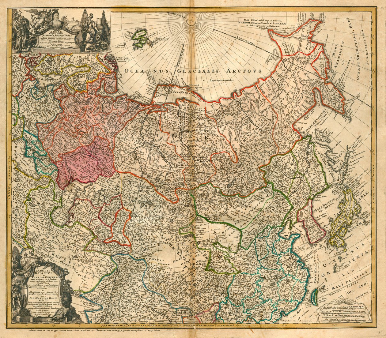 Mapa Ruska (Od: Mapa Ruské říše a Tartarie po celou Malou Asii a Evropu) - Homann, Johann Baptist (1663-1724) - 1738 - Mědirytina, akvarel - Soukromá sbírka od Johann Baptista Homann