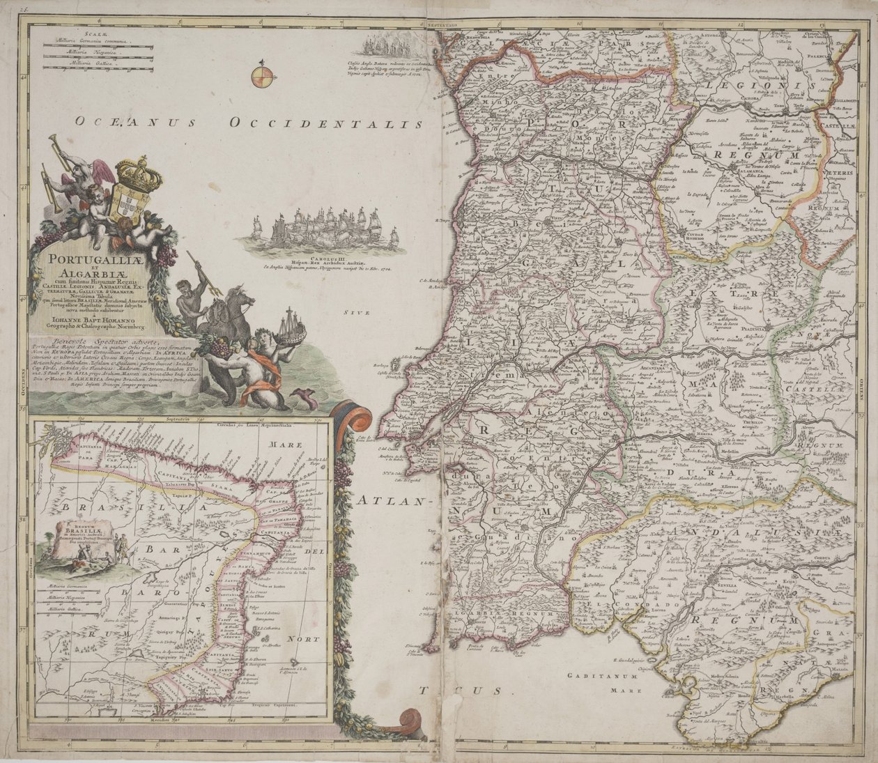 Portugalsko a Algarve (Portugallia et Algarbiae), kolem 1704 (ručně kolorovaný lept) od Johann Baptista Homann