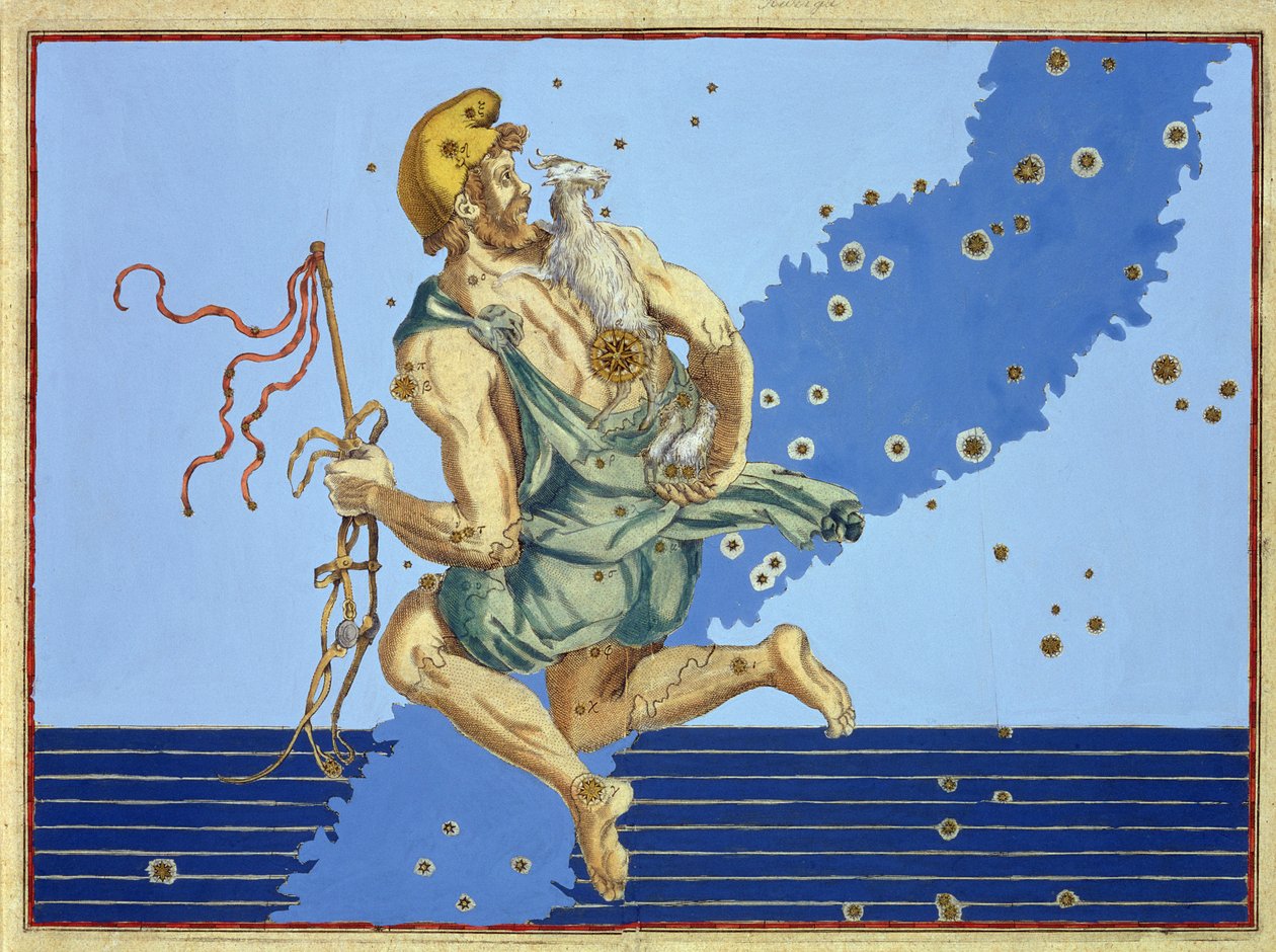 Auriga, souhvězdí severní polokoule, z knihy "Uranometria" od Johanna Bayera, vyryl Alexander Mair (1559-1616) 1603 (ručně kolorovaná mědirytina) od Johann Bayer