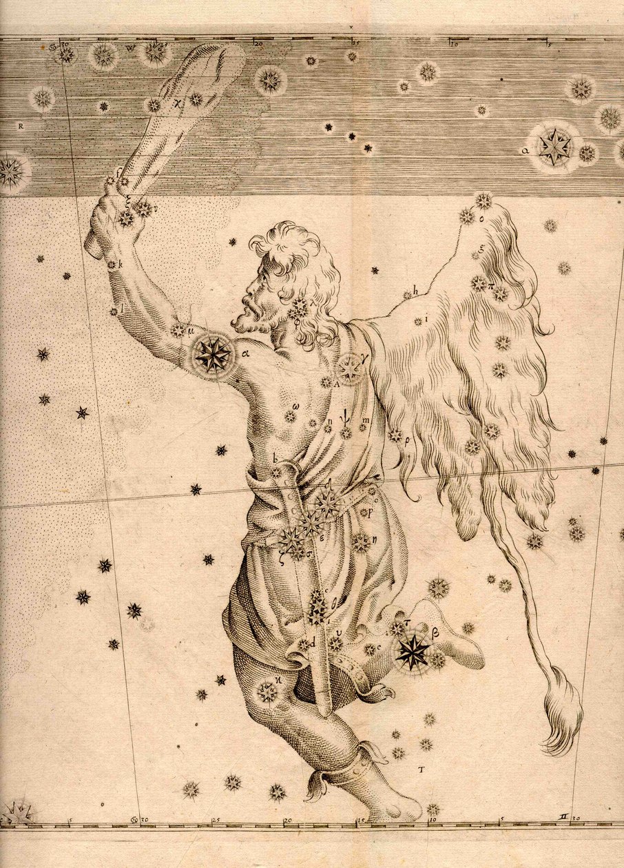 Uranometria (1661) zobrazující souhvězdí Orion od Johann Bayer