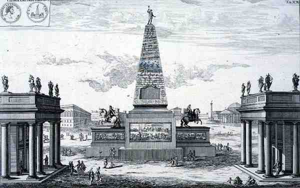 Obelisk věnovaný Marcu Aureliu Antoninusovi (161-80) a Luciusu Aureliu Verusovi (161-69), Řecko, z „Plánu historické architektury“ od Johann Bernhard (after) Fischer von Erlach
