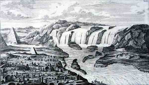 Katarakty na Nilu a ruiny Théb, Egypt, z „Entwurf einer historischen Architektur“, vyryl Johann Adam Delsenbach (1687-1765) 1721 (rytina) od Johann Bernhard (after) Fischer von Erlach