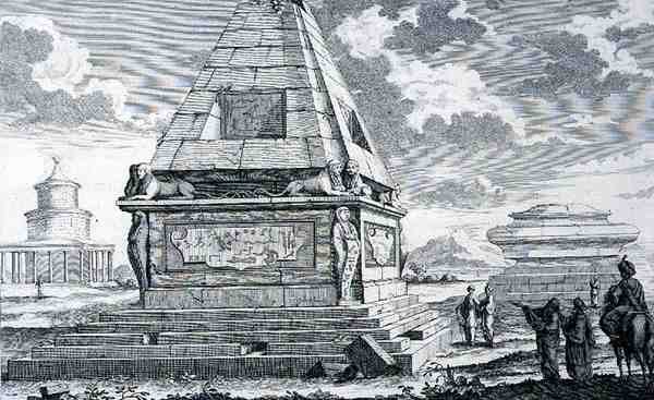 Hrobky poblíž Káhiry, Egypt, z filmu „Navrhování historické architektury“ od Johann Bernhard (after) Fischer von Erlach