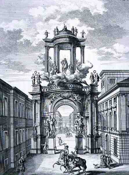 Triumfální oblouk, Vídeň, z „Plánu historické architektury“, vyrytý Johannem Adamem Delsenbachem (1687-1765) 1721 (rytina) od Johann Bernhard (after) Fischer von Erlach