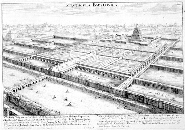 Pohled na starověký Babylon s visutými zahradami a chrámem Jupitera Beluše, deska 3 z „Entwurf einer historischen Architektur“, rytina Johanna Adama Delsenbacha (1687-1765) 1721 (rytina) od Johann Bernhard (after) Fischer von Erlach