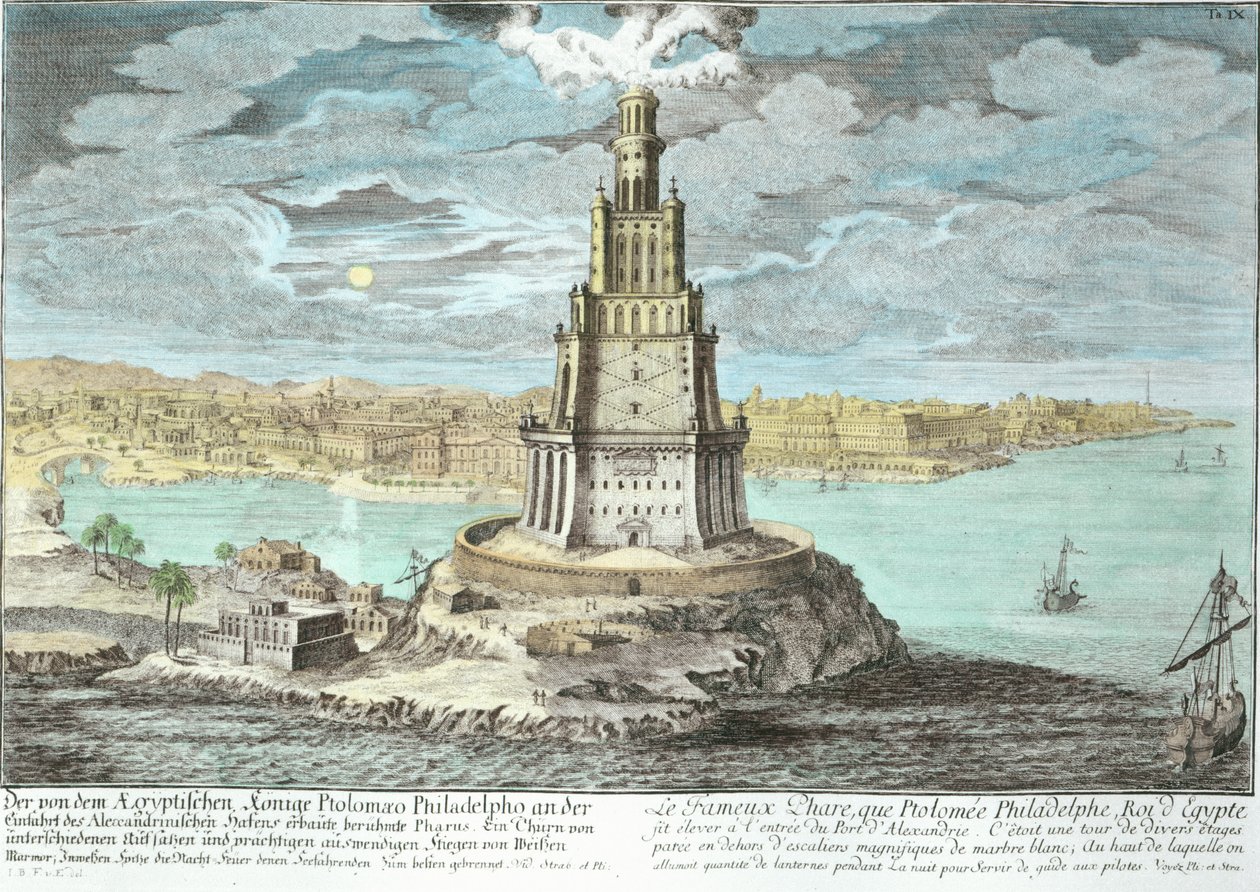 Maják v Alexandrii, postavený Ptolemaiem Velikým (36-po 30 př.nl), Egypt, z Entwurf einer historischen Architektur, vyryl Johann Adam Delsenbach (1687-1765) 1721 (pozdější barva od Johann Bernhard Fischer von Erlach