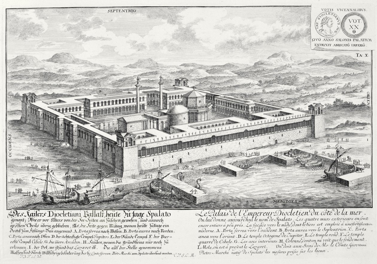 Diokleciánův palác (245-313), Split, Jugoslávie, z „Design of a Historic Architecture“, 1721 od Johann Bernhard Fischer von Erlach