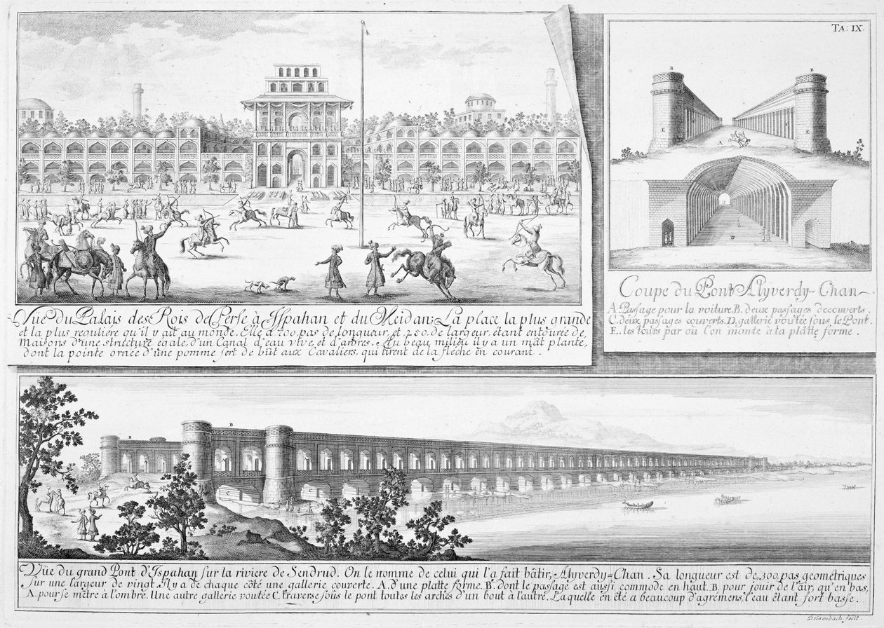 Královský palác v Isfahánu, průřez mostem Alyverdy-Chan Isfahan a pohled na most Alyverdy-Chan Isfahan, z Entwurf einer historischen Architektur, vyryl Johann Adam De od Johann Bernhard Fischer von Erlach