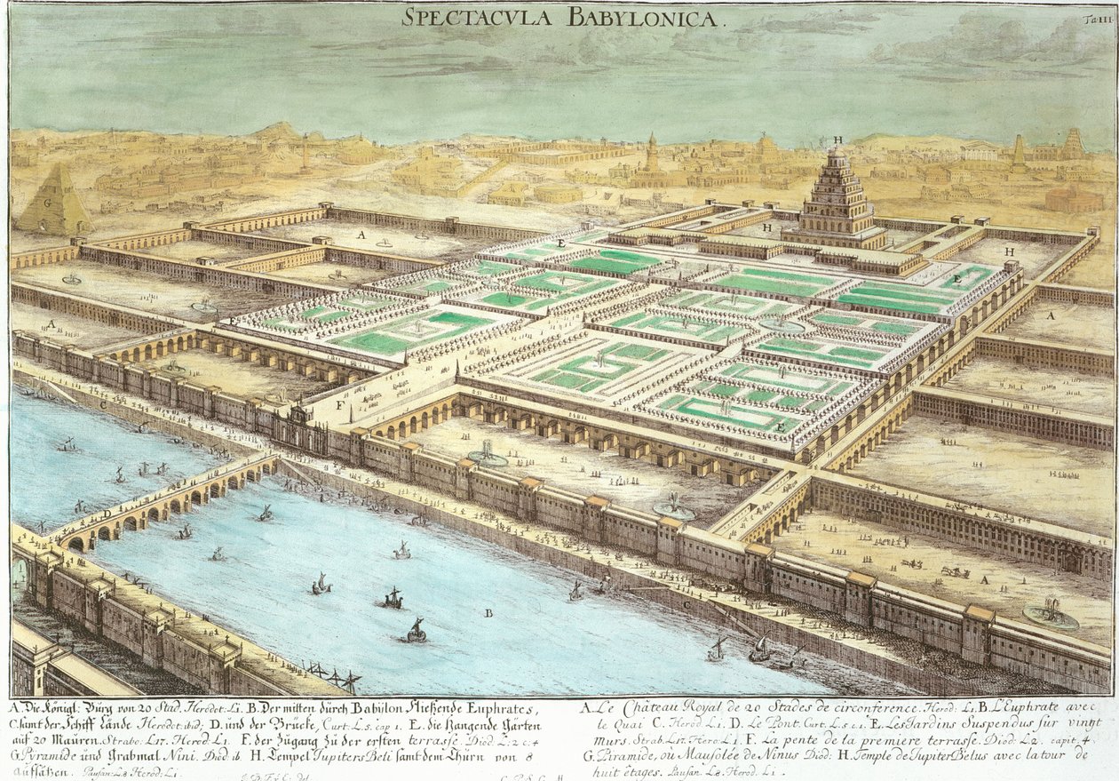 Pohled na starověký Babylon s visutými zahradami a chrámem Jupitera Beluše, deska 3 z „Entwurf einer historischen Architektur“, rytý Johann Adam Delsenbach (1687-1765) 1721 (engravi od Johann Bernhard Fischer von Erlach