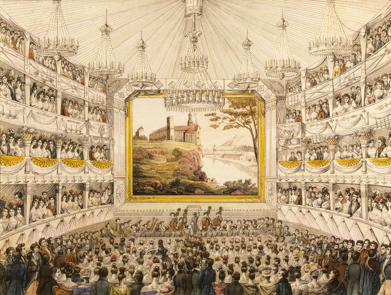 Rakousko, Vídeň, Interiér Theater an der Wien (Vídeňské divadlo), akvarel J.C. Schoeller od Johann Christian (after) Schoeller