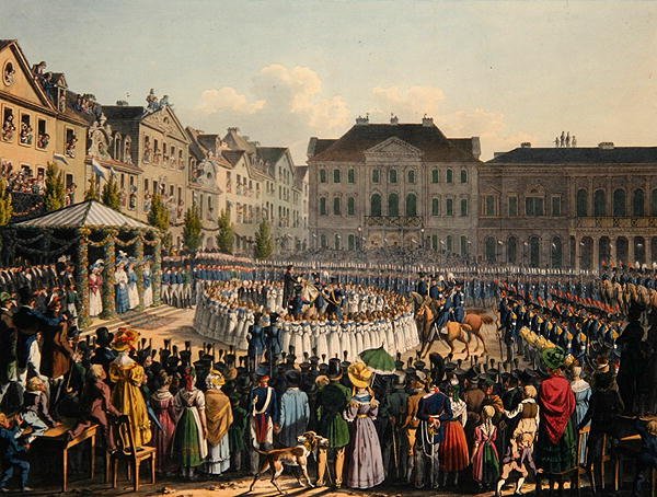 Slavnost svěcení vlajky kasselské občanské stráže v roce 1831 (barva lito) od Johann Christian Arnold